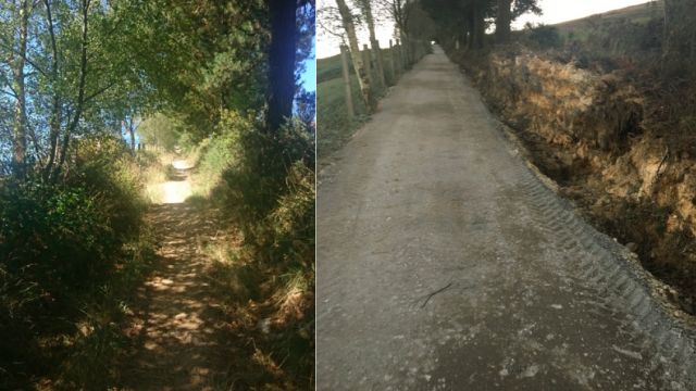 Un tramo del Camino Primitivo, en el concello de A Fonsagrada, antes y después de la intervención (Foto: Foro del Camino Primitivo)
