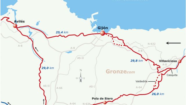 Mapa esquemático del Camino del Norte por Gijón y por Oviedo