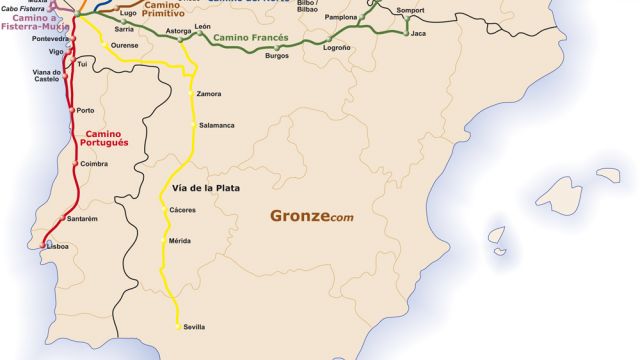 Mapa de los principales Caminos de Santiago