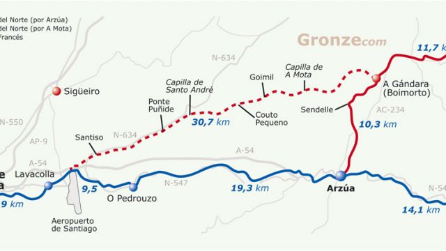 El Camino del Norte tiene dos enlaces posibles con el Camino Francés.