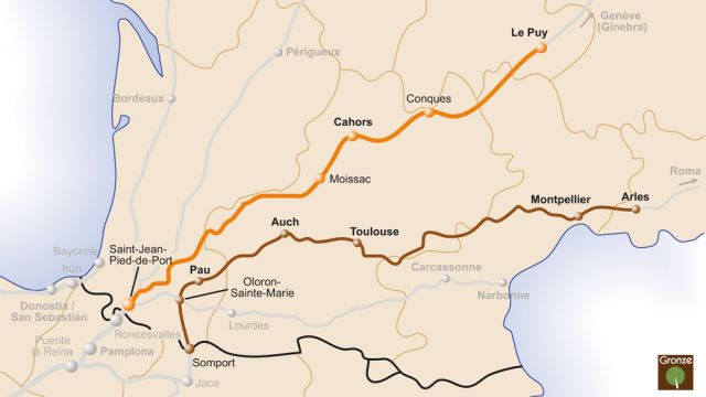 Mapa de los dos principales Caminos de Santiago por Francia