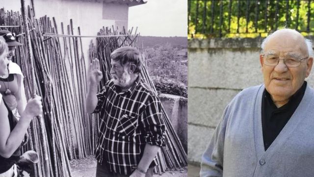Pablito, en 1985, hablando con dos peregrinas danesas / D. Elixio Rivas en 2017 (fuente: La Región).