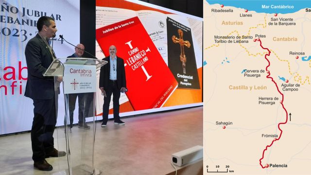 Manuel Bahíllo, director de la Fundación Camino Lebaniego, y dos representantes de Gronze (Carles Guiral y Joan Fiol).
