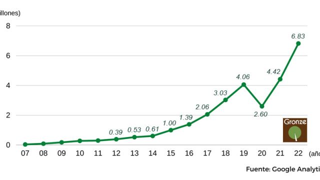 Evolución de visitas a Gronze.com (2007-2022).