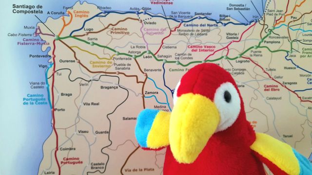 Nuestra mascota Lorenzo, siempre Al Loro ante el póster Gronze de los caminos (Foto: Míriam López).