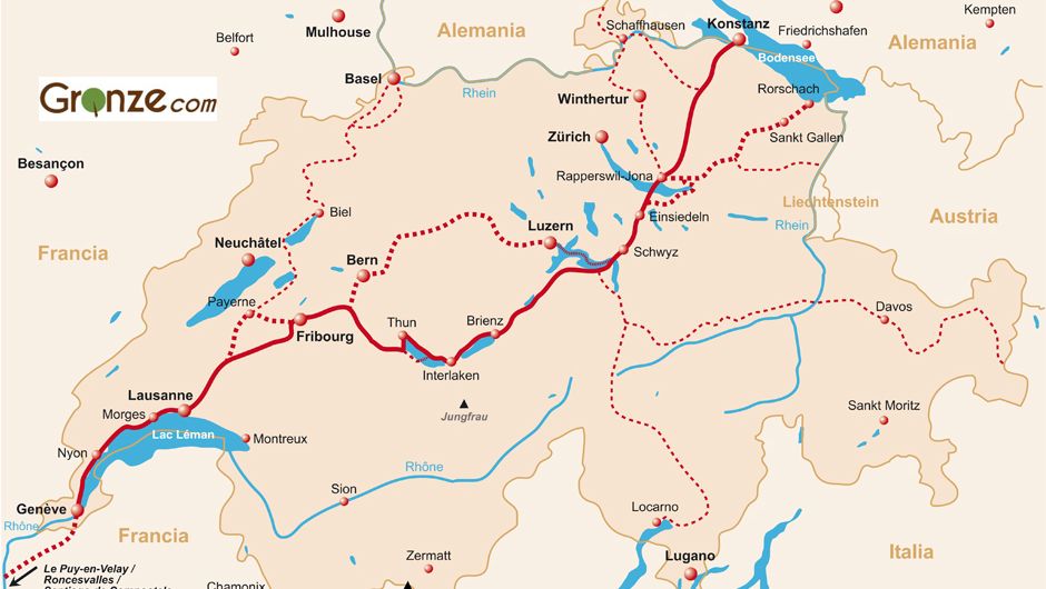 Mapa del Camino de Santiago en Suiza