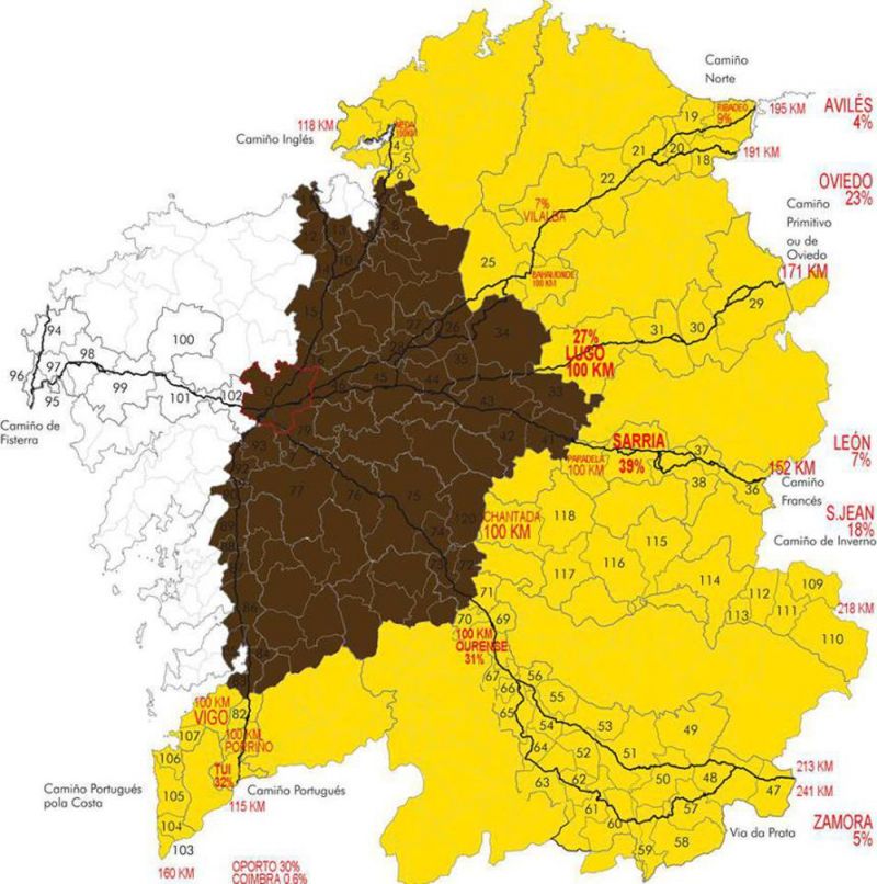 Mapa con el impacto de los 100 km en Galicia (elaboración: Fraternidad Internacional del Camino de Santiago)
