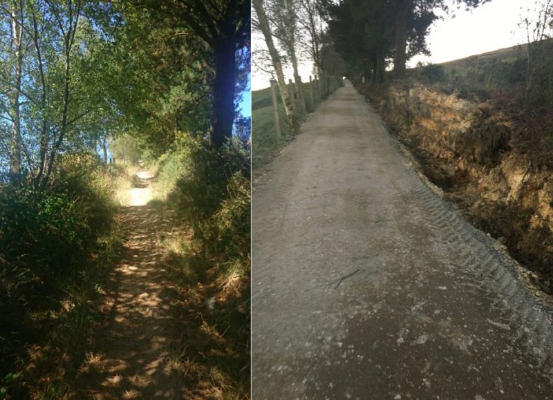 Un tramo del Camino Primitivo, en el concello de A Fonsagrada, antes y después de la intervención (Foto: Foro del Camino Primitivo)