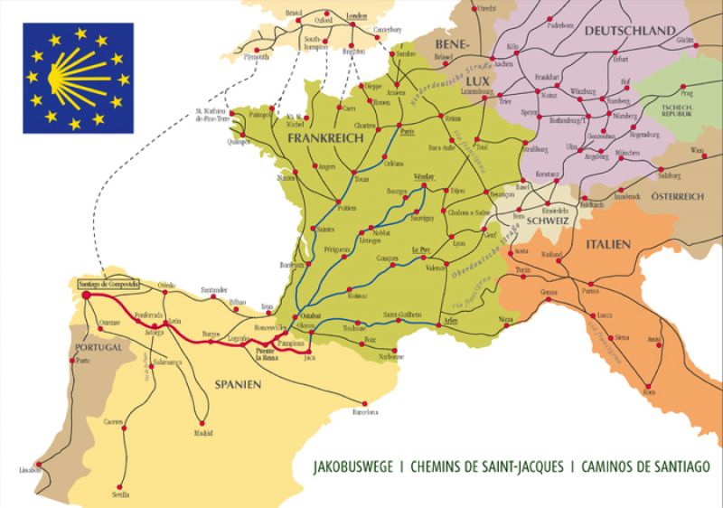 A partir de 1987 la emblemática jacobea del Consejo de Europa, con los colores azul y amarillo de la bandera de la Unión Europea, han sido asumidos como iconos recurrentes del Camino de Santiago.