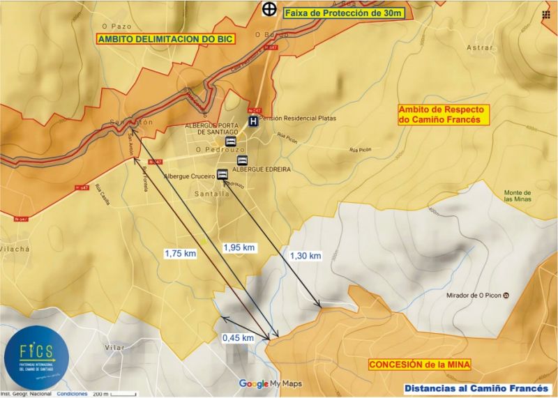 Mapa en el que figuran el Camino, con su ámbito protegido, y parte de la concesión minera (FICS)