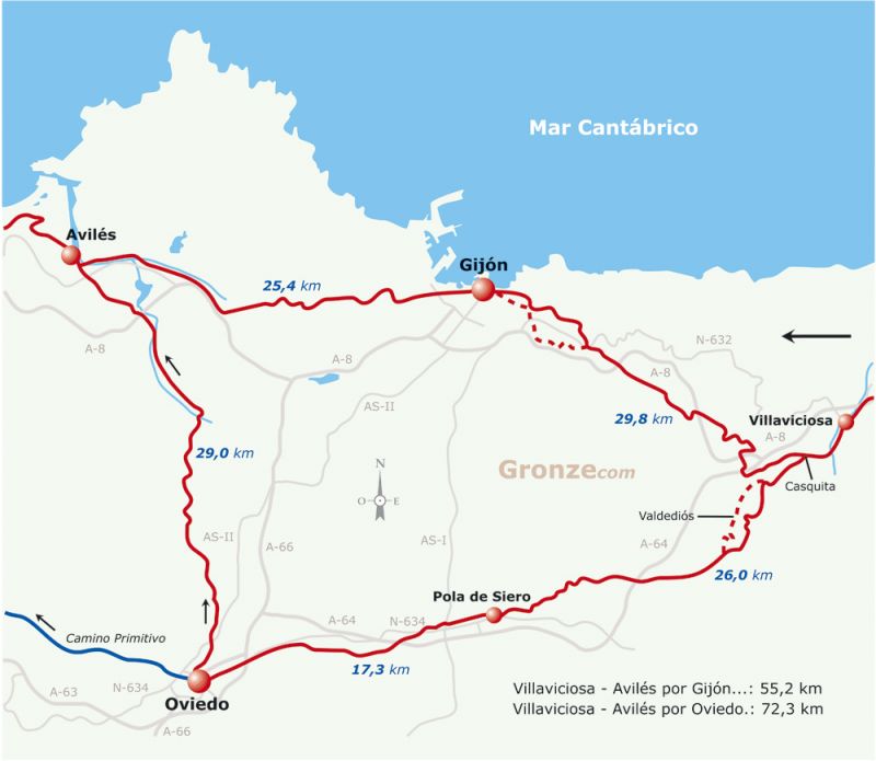 Mapa esquemático del Camino del Norte por Gijón y por Oviedo