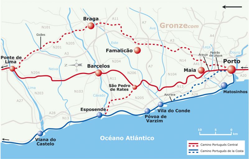 Mapa de los Caminos Portugueses desde Porto