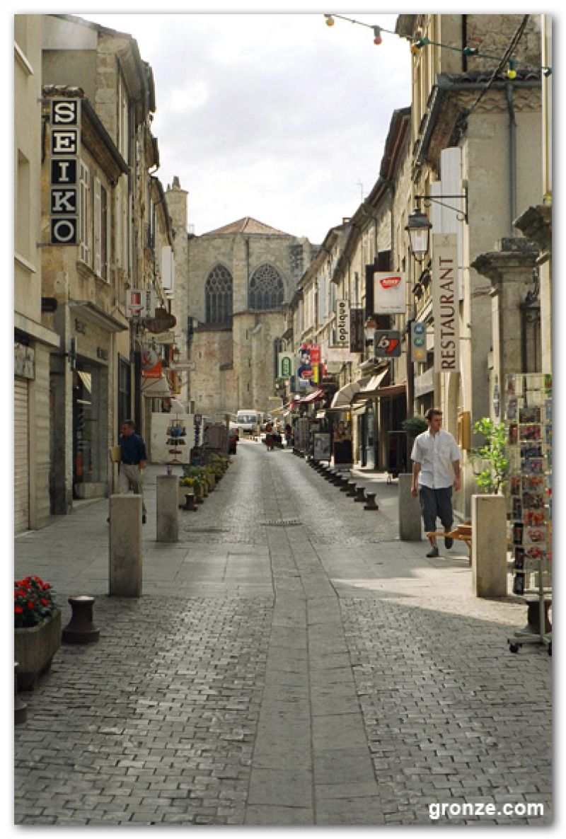 Calle comercial y catedral de Condom