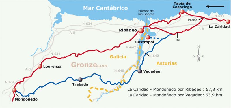Mapa esquemático del Camino del Norte por Ribadeo y por Vegadeo