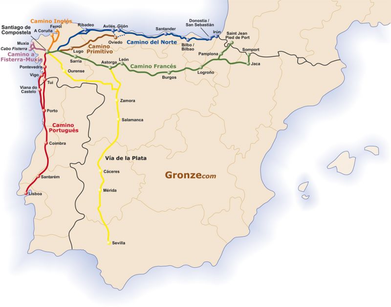 Mapa de los principales Caminos de Santiago