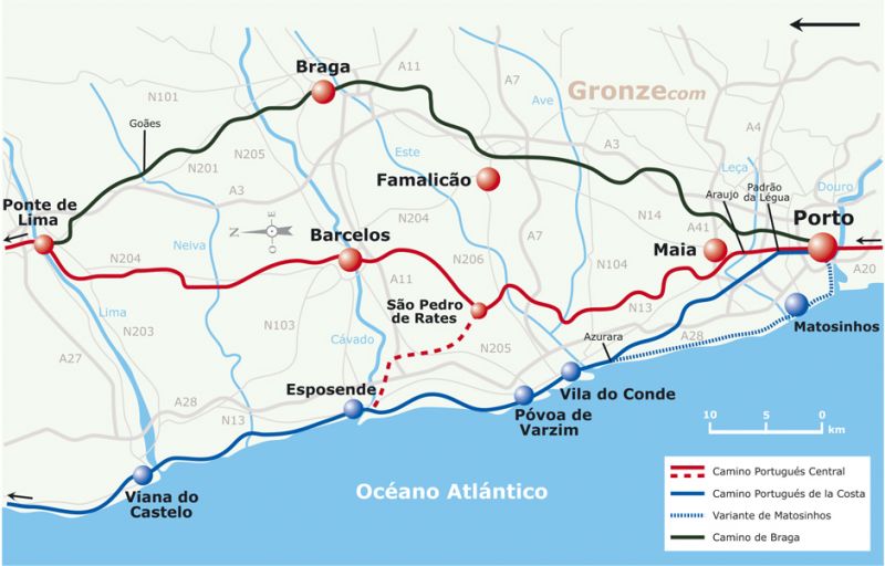 Mapa de los Caminos de Santiago desde Porto
