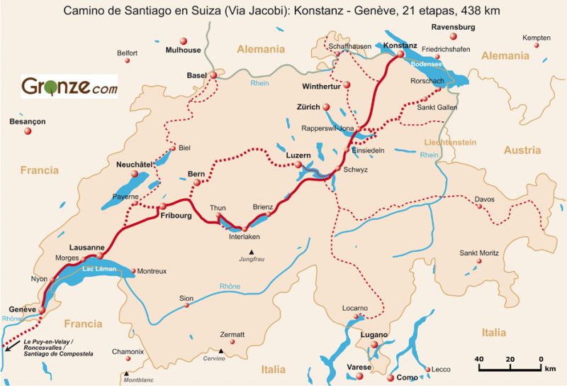 Mapa del Camino de Santiago en Suiza