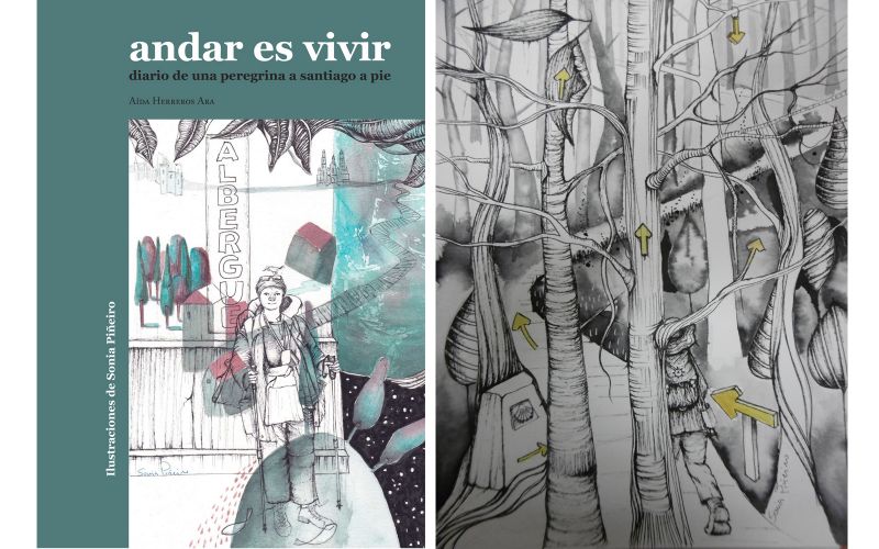  Portada y una ilustración de “Andar es vivir”, con dibujos de la santanderina Sonia Piñeiro