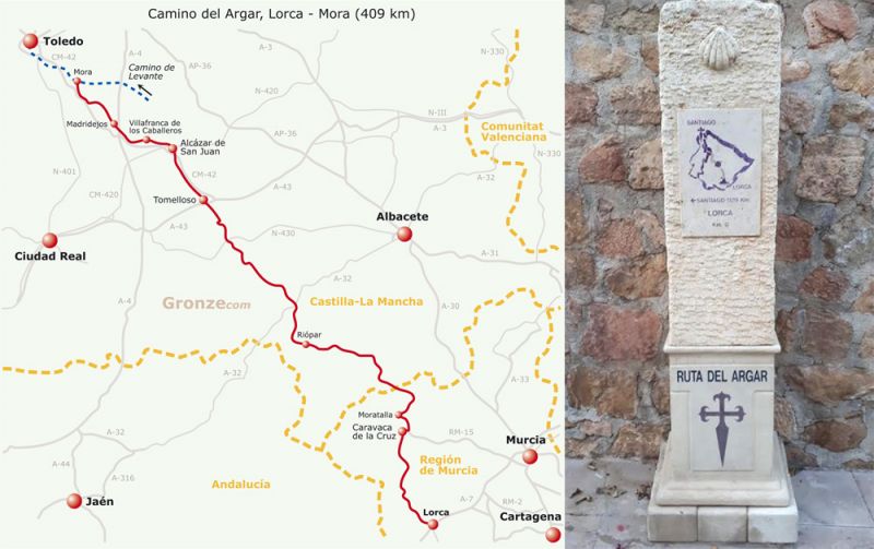 Mapa del Camino del Argar y mojón en la partida de Lorca.