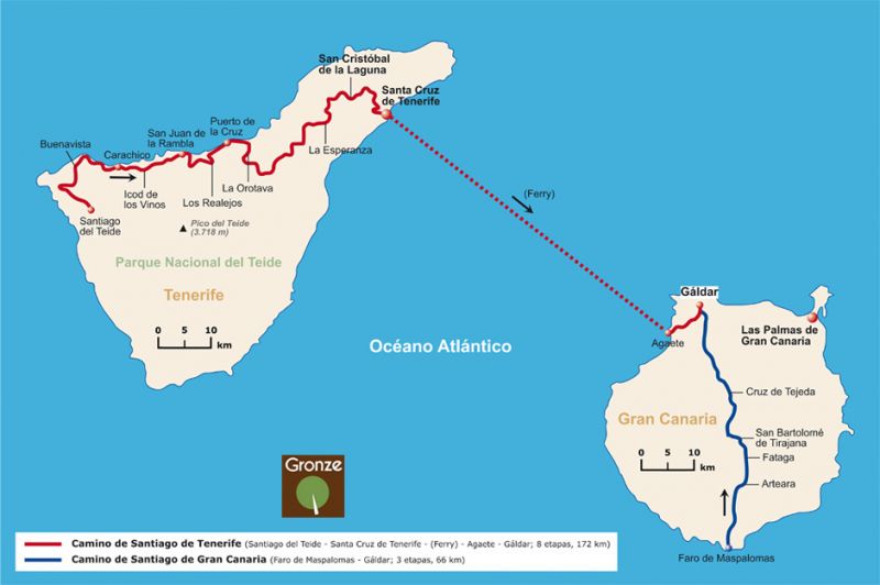 Mapa esquemático de los dos Caminos de Santiago en Canarias.