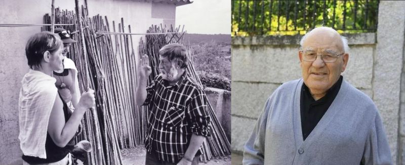 Pablito, en 1985, hablando con dos peregrinas danesas / D. Elixio Rivas en 2017 (fuente: La Región).