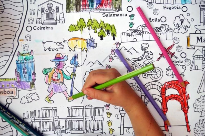 Mapa del Camino de Santiago para niños listo para colorear (Pinta y Pinto).
