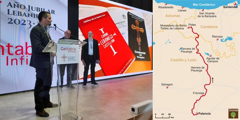 Manuel Bahíllo, director de la Fundación Camino Lebaniego, y dos representantes de Gronze (Carles Guiral y Joan Fiol).