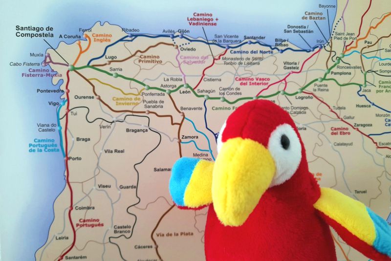 Nuestra mascota Lorenzo, siempre Al Loro ante el póster Gronze de los caminos (Foto: Míriam López).