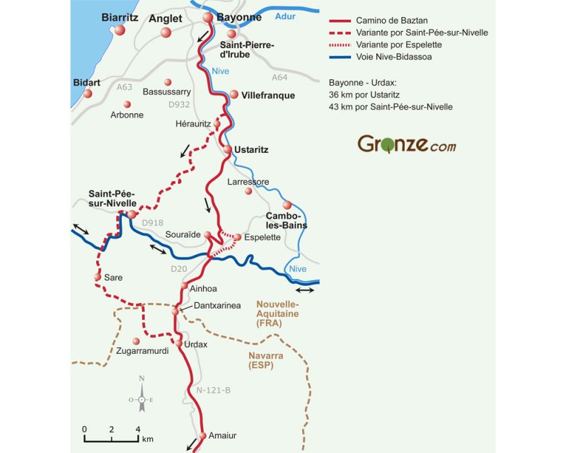 Mapa esquemático del primer tramo del Camino de Baztan, con la variante por Saint-Pée-sur-Nivelle.