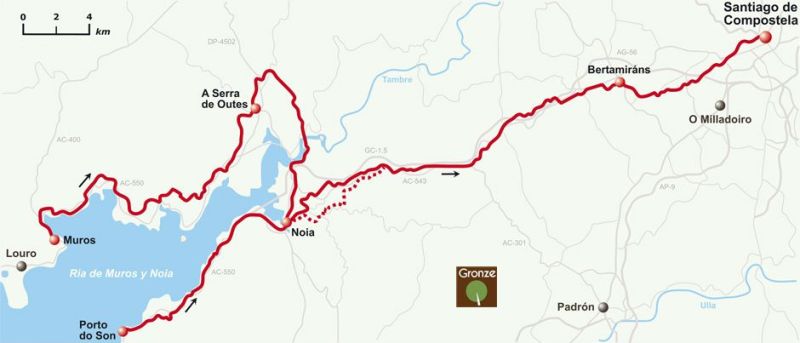 Mapa del Camino de la Ría de Muros y Noia.